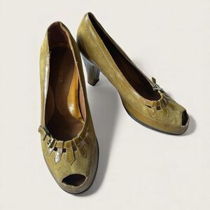 Y2k Vintage Aerosoles Yellow Peep Toe Patent Heels Buckle Comfort Sole 7.5